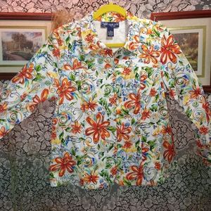 Susan Graver bright floral print  blazer jacket button up sequins shoulder pads